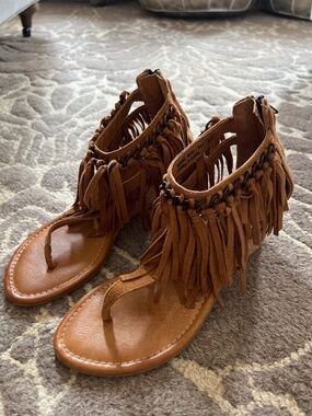 Not Rated Women's Sybil Fringe Wedge Sandals, Cognac Tan, 8.5